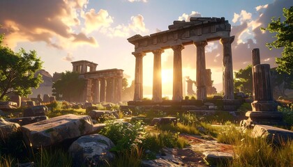 Ruins of an ancient Greek temple bask in golden sunlight with lush vegetation and a cloudy sky backdrop