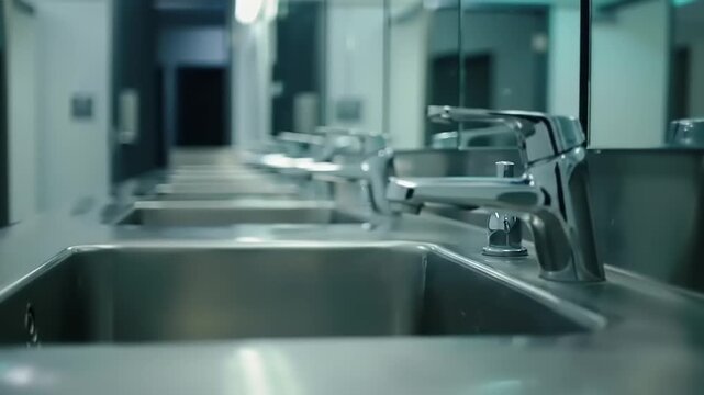 Modern restroom sinks with chrome faucets.