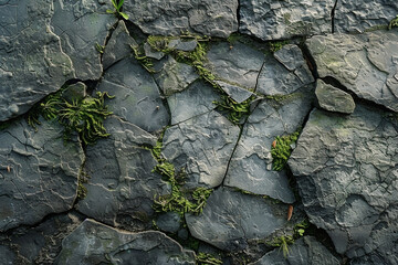 Cracked stone surface interspersed with vibrant green moss texture background
