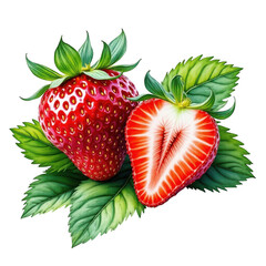 Fresh ripe strawberries juicy red fruit with green leaves artistic rendering close up isolated on transparent background