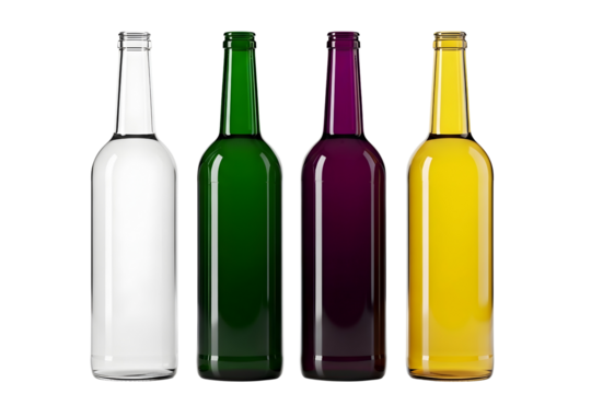 Four colorful glass bottles with liquids isolated on transparent background