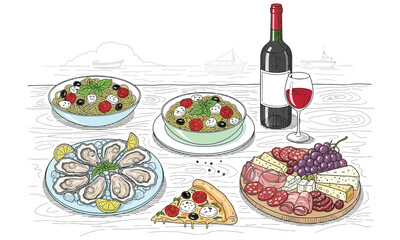 Delicious Mediterranean food feast with pasta, pizza, seafood, wine, and charcuterie board illustration. Vector illustrations