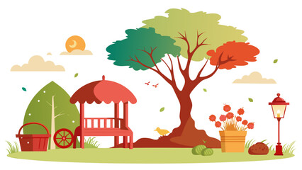 Obraz premium Illustration of a park with gazebo, tree, and other park elements