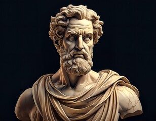 Bust of Ancient Philosopher: Detailed Digital Art Depiction of Classical Sculpture against a Dark Background