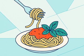 Plate of spaghetti with tomato sauce and basil, fork twirling noodles above, on abstract light blue background. Ai generative. Ai generative