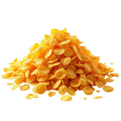 Pile of golden corn flakes cereal isolated on black for delicious breakfast food photography isolated on transparent background