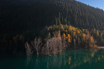 Fototapeta premium Lake Issyk in the rays of the setting sun. National Nature Park. Mountainous area with different vegetation. View from a drone.