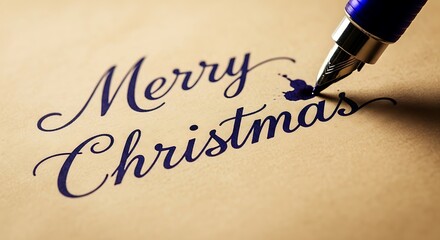 A close-up shot of a blue pen writing "Merry Christmas" in elegant calligraphy on a textured brown paper.