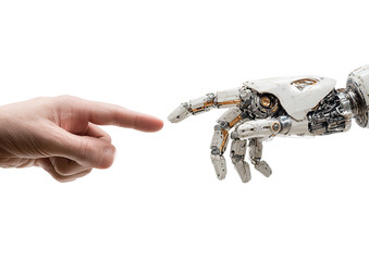 Human hand almost touching a robotic hand artificial intelligence on transparent background