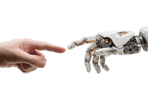 Human hand almost touching a robotic hand artificial intelligence on transparent background