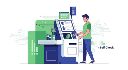 Person Using Self Checkout Technology at a Modern Automated System for a Purchase