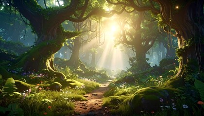 Sunlight beams through a lush, vibrant forest path, illuminating the verdant undergrowth and ancient trees