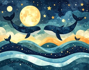 Two blue whales facing each other against a backdrop of a yellow moon, stars and stylized blue and gold waves