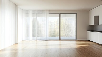 Fototapeta premium Modern room with large windows and wooden floor.