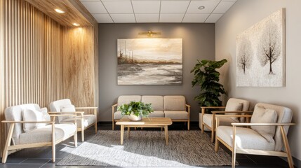 Fototapeta premium Calm and inviting doctor waiting area featuring wooden accents, beige armchairs, and clean modern lines