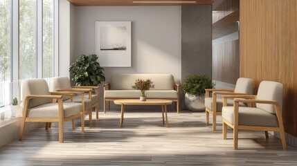 Calm and inviting doctor waiting area featuring wooden accents, beige armchairs, and clean modern lines