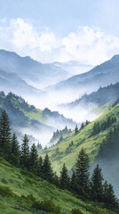 Obraz premium Explore the Tranquil Beauty of Watercolor Mountains and Valleys: A Serene Landscape Awaits Your Discovery in Nature's Embrace