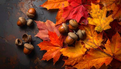 Vibrant autumn leaves in warm hues of red, orange, and yellow, with acorns scattered on a textured, dark background