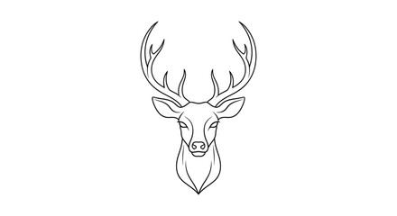 Illustration of a deer head with large antlers in black outline on a white background center aligned