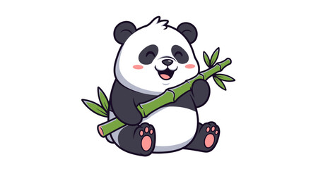 Fototapeta premium Cartoon panda bear sitting and holding a bamboo stalk with a happy expression on a white background
