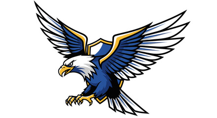 Illustration of an eagle with wings spread in front of a shield with blue and gold trim