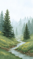 Fototapeta premium Enchanting Landscape of a Misty Forest with Gentle Stream Flowing Through a Lush Meadow Full of Whispering Pines and Tranquil Serenity