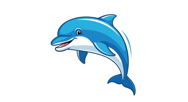 A cartoon style illustration of a blue and white dolphin jumping on a white background isolated view