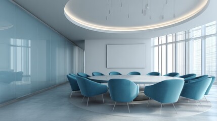Elegant conference room interior, curved blue chairs around modern round table, minimalist office lighting