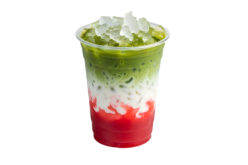 Layered strawberry matcha latte drink isolated on transparent background