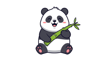 Obraz premium Cartoon panda holding a bamboo stalk with a happy expression on a white background illustration