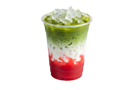 Layered strawberry matcha latte drink isolated on transparent background