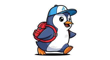 Obraz premium Cartoon penguin wearing a blue cap and a red backpack walking on a white background illustration