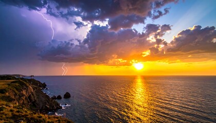 Dramatic coastal scene with vibrant sunset over the sea, a cliffside, and distant lightning strikes