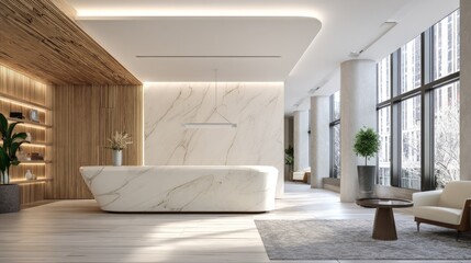 Empty private clinic lobby with sleek reception desk, neutral colors, and contemporary design