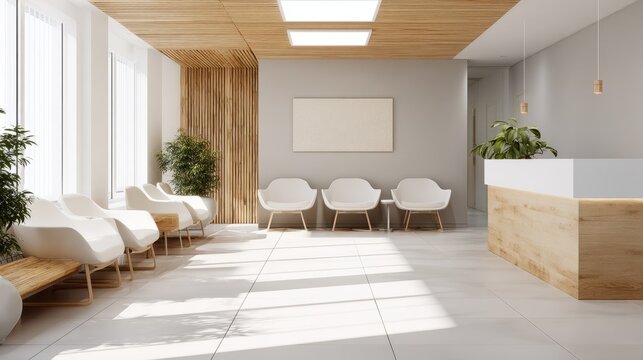 Empty modern doctor office waiting room with sleek minimalist furniture, neutral white and beige tones, wooden accents, and natural lighting - Powered by Adobe