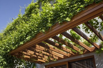 A wooden pergol with vines growing on it