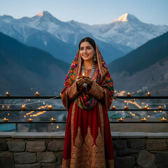 Fototapeta premium Beautiful woman holding glowing diya celebrating joy of Diwali festival