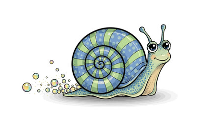 A cartoon snail with a blue and green striped shell leaving a trail of bubbles on a white background