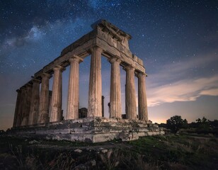 Obraz premium Ancient temple stands under a starlit sky. Grass covers the foreground, clouds rest behind the structure