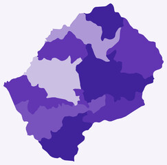 Fototapeta premium Map of Lesotho with regions. Just a simple country border map with region division. Deep purple color palette. Flat Kingdom of Lesotho shape with administrative division. Vector illustration.