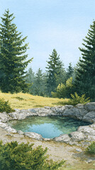 Obraz premium A Serene Landscape Featuring a Tranquil Pond Surrounded by Lush Green Forest and Majestic Trees Under a Gentle Blue Sky