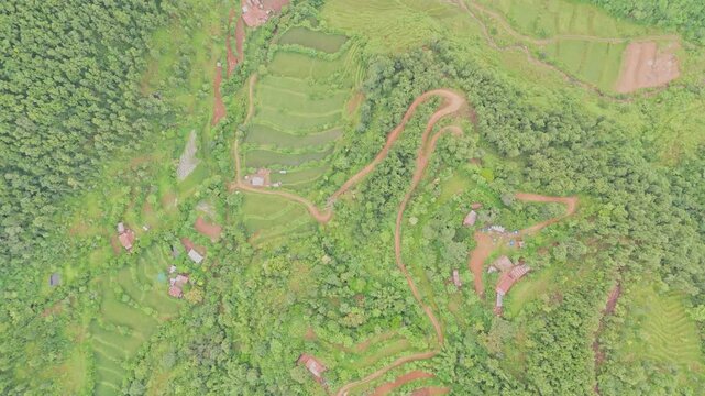 Aerial drone footage of Tansen, Palpa hill station in Nepal, showcasing panoramic mountain views, traditional houses, and the serene beauty of this historic hillside town.