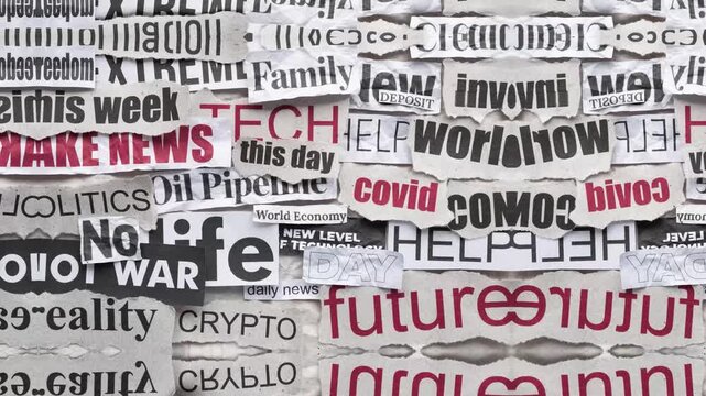 Torn newspaper fragments with headlines reflecting current events and global issues abstract concept