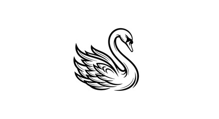A stylized black and white illustration of a swan with detailed feathering and graceful neck curve