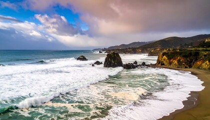 Coastal landscape with rocky outcrops, crashing waves, a sandy beach, and hilly terrain under a dramatic sky