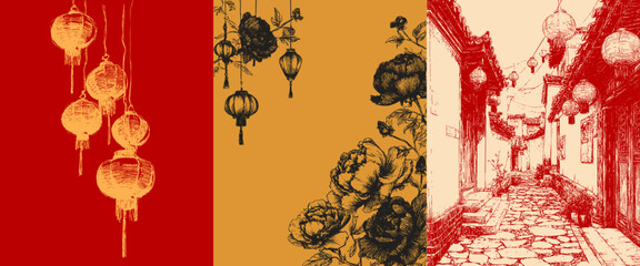 Hand drawn peony flowers border, lanterns, Chinese alley in vintage oriental line pencil style for Lunar New Year and cultural design sets.