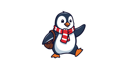 Naklejka premium A cartoon penguin wearing a red and white striped scarf and carrying a brown bag on a white background