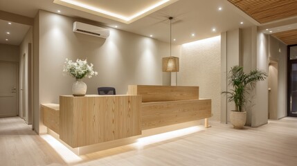 Modern doctor clinic reception with soft lighting, wooden counter, neutral beige design, and peaceful mood