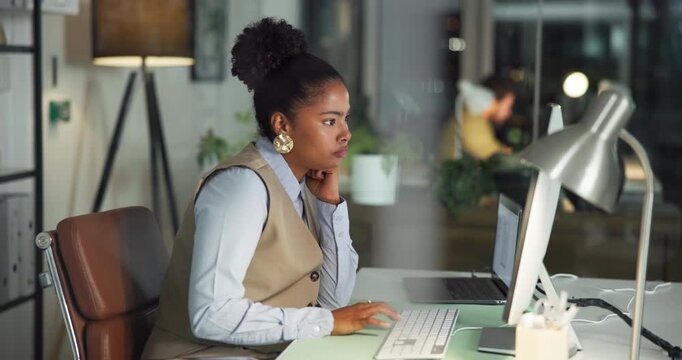 Business, night and woman with computer, thinking and proofreading with copywriting agency. Evening, person and employee in office, pc and online reading with email, problem solving and decision