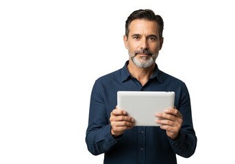 Confident mature businessman holding a tablet, looking directly at the camera ready to boost your brand with authentic connection and modern technology solutions